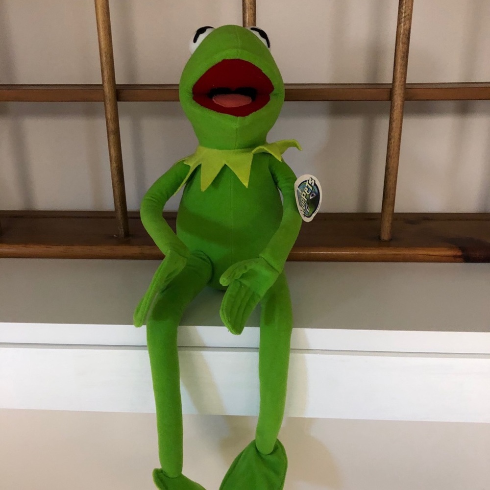 Shelf sitting Kermit the frog.